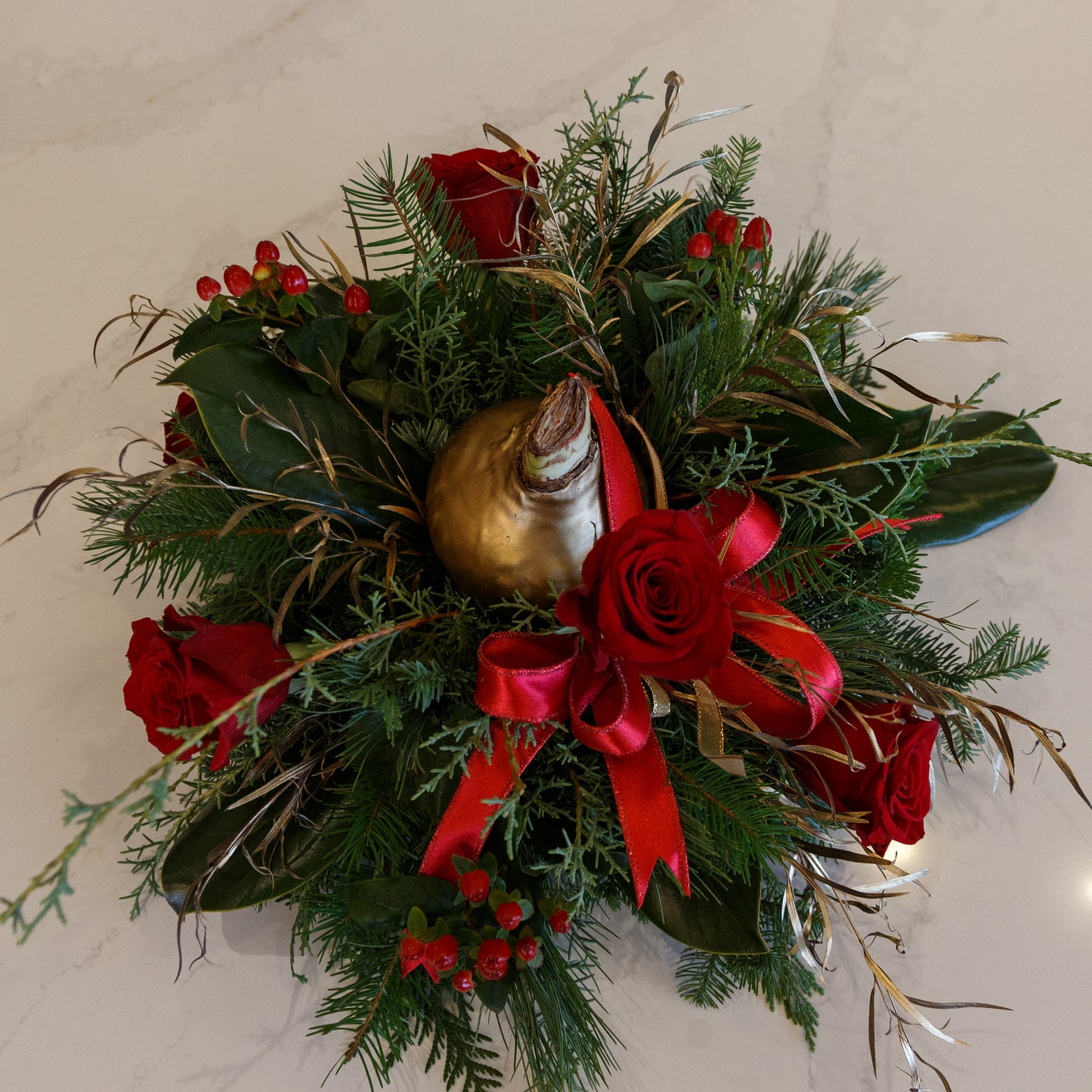Holiday Arrangement with Amaryllis Bulb, Winter Greens and Roses