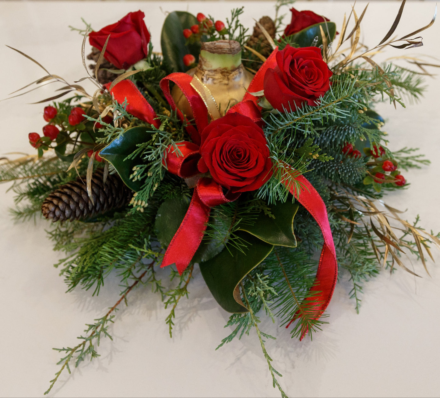 Holiday Arrangement with Amaryllis Bulb, Winter Greens and Roses
