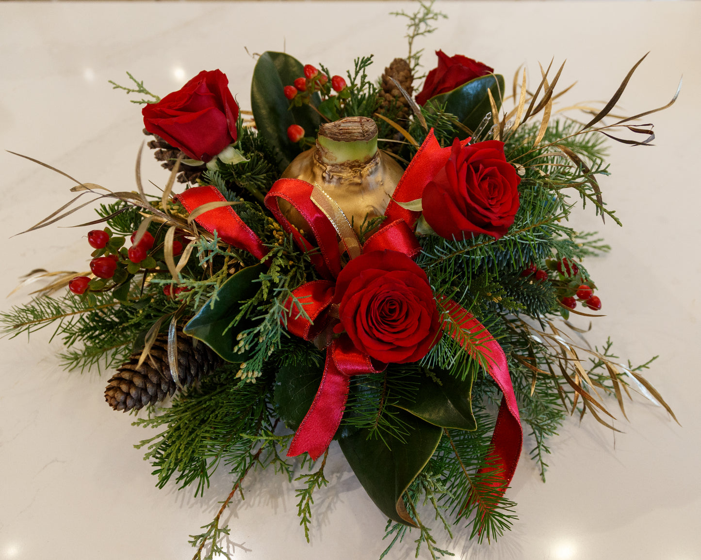 Holiday Arrangement with Amaryllis Bulb, Winter Greens and Roses